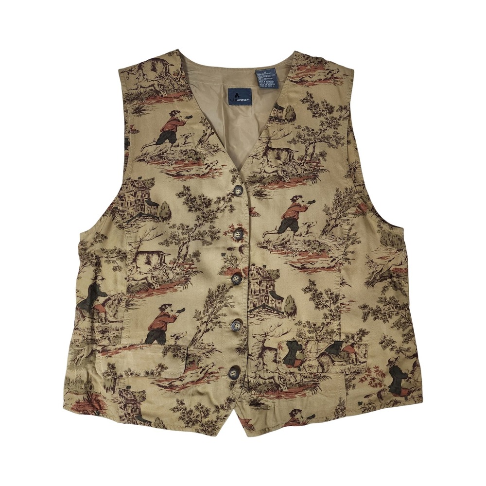 Lizwear Vintage Hunting Toile Vest Tan Rayon Button Front Cinch Back Womens M - Picture 1 of 10